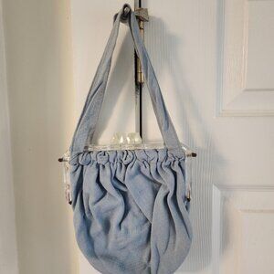 Vintage 1940s Lucite Frame Purse Pale Blue Linen | Art Deco Pouch Bag